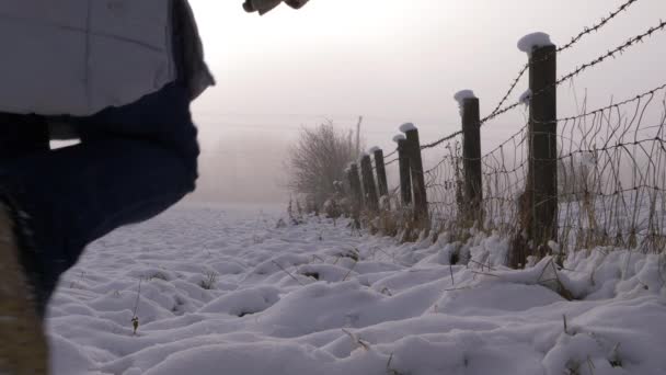 Senderismo de mujer en invierno campo cubierto de nieve — Vídeos de Stock