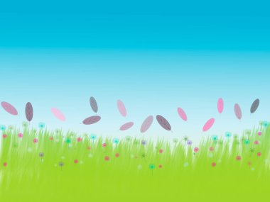 Renkli yaz çiçekleri ve mavi gökyüzü arkaplan resimli çimenler.