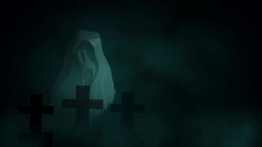 Karanlık bulutlarla kaplı yalnız mezarlıkta inleyen hayalet. 4k animasyon.