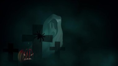 Karanlık bulutların ardında resimli yalnız bir mezarlıkta hayalet.