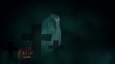 İnleyen Hayalet, balkabağı ve kara bulutlarla yalnız mezarlıkta 4k animasyon