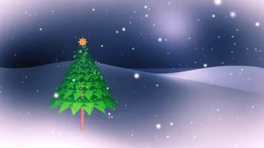 Kar fırtınası manzarasında parıldayan ışıkları olan yalnız Noel ağacı 4k animasyon.