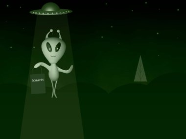 Çantalar dolusu alışveriş hatırası olan yeşil uzaylı beyaz arkaplan çizimi