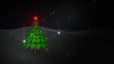 Kar fırtınası manzarasında parıldayan ışıkları olan yalnız Noel ağacı 4k animasyon.