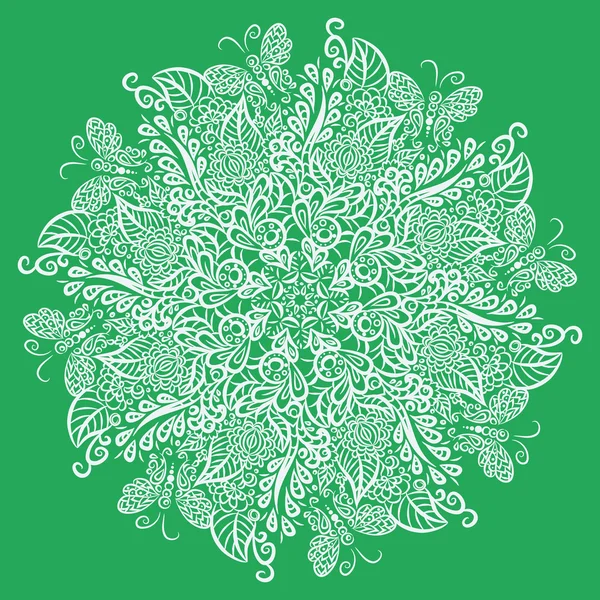 Vector mandala. Groene achtergrond. Witte ornament. — Stockvector