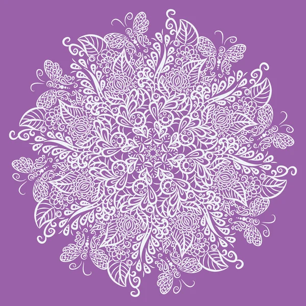 Vector mandala. Violet bakgrund. Vit prydnad. — Stock vektor