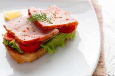 Sandviç et peynir ve domates salatası yaprak yakın çekim