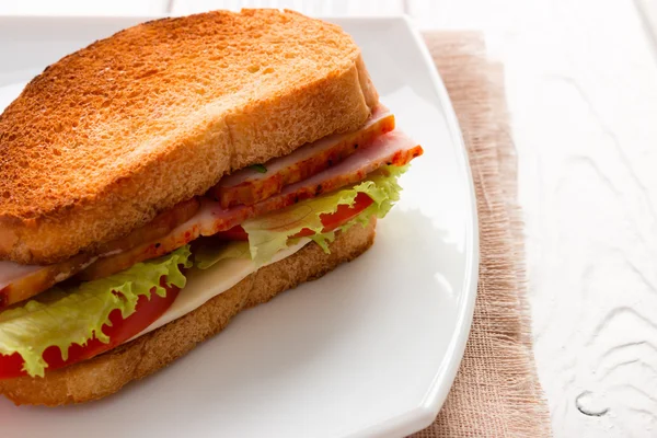 Et ve sebze beyaz bir plaka üzerinde kızarmış ekmek arası sandviç