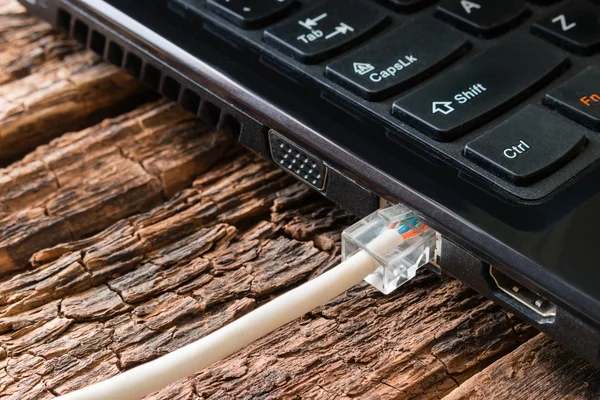 Notebook connected to the cable Internet connection — Stock Photo, Image
