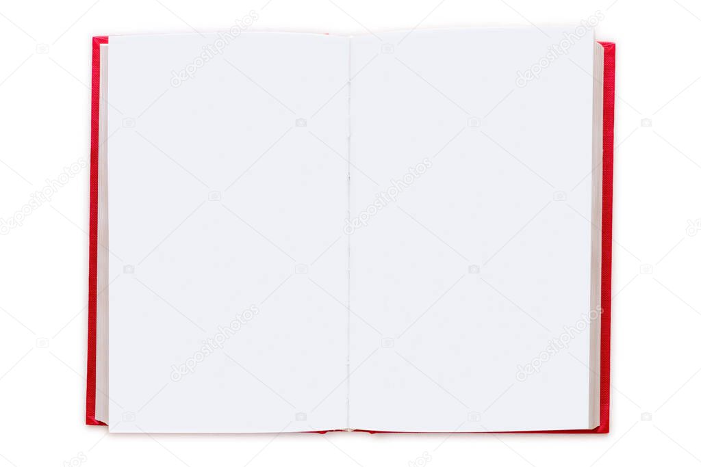 open red hardcover book with blank pages isolated on white background template mockup
