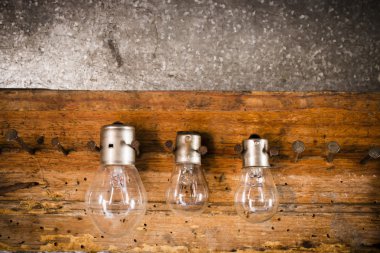 Small, medium and large bulbs on the nails on the old wooden stand