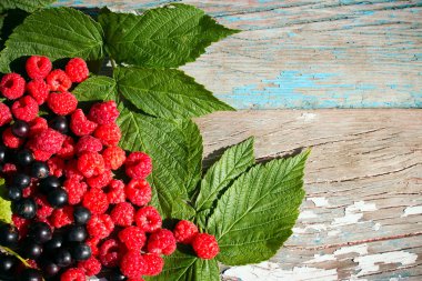 Raspberry and black currant on leaves on the wooden background