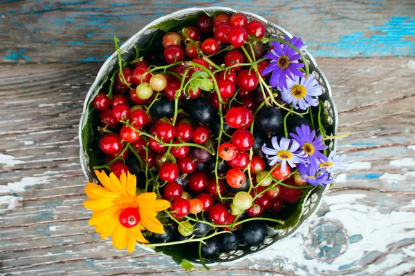 Yaprak ve meyveleri kırmızı ve Siyah frenk üzümü bir ahşap arka plan üstten görünüm üzerinde bir çiçek ile bir tabak — Stok fotoğraf