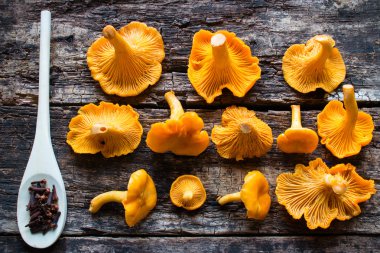 Ahşap arka plan ve bir kaşık bal ile taze Cantharellus cibarius