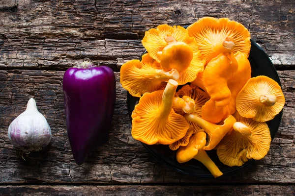 Chanterelle mushrooms, garlic and pepper on a wooden background — Stock Photo, Image