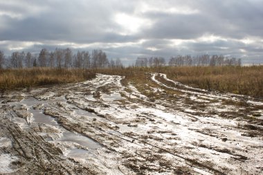 Boş kırsal toprak ıslak yol ile kırsal manzara