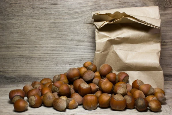 Hazelnut in shell on wooden background — Stock Photo, Image
