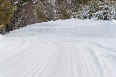 Kışın çam ormanında kar yolu. Kırsal bir yolda buz ve kar fırtınası. Kar yığınlarından yolu temizliyorum..