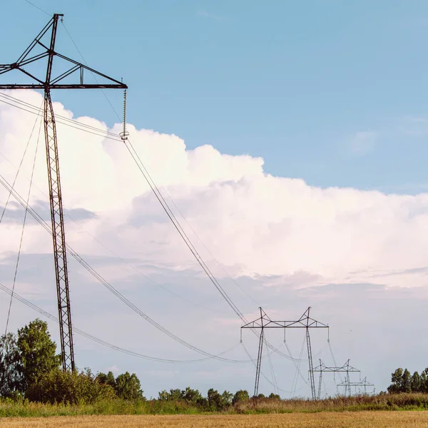 Farm field with power lines on horizon. Energy transportation