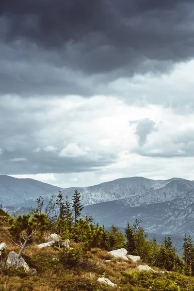 Szenischer Blick Auf Das Neblige Gebirgstal Sanfte Hügel Unter Wolken — Stockfoto