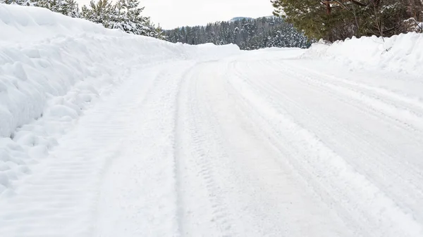 冬季松林雪道 乡间道路上的冰雪风暴 清除道路上的积雪 — 图库照片