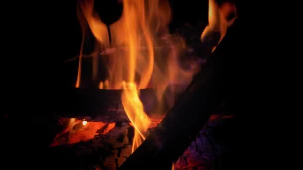 在黑暗中用木柴和燃烧的煤生火 — 图库视频影像