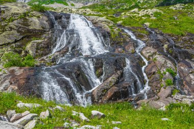 Dağ vadisinde, çimenli kıyıların arasında hızlı bir dere var. Yeşil çayırda küçük şelale.