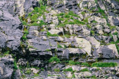 Tepenin yamaçlarında kayalar ve yeşil otlar var.