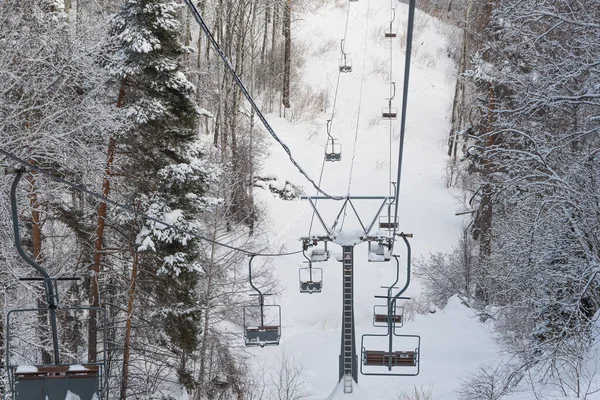 Chair Lift Snowy Winter Landscap Chairlift Frost Forest — Stock Photo, Image