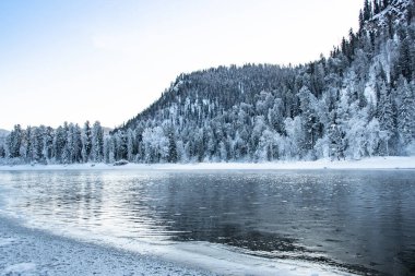 Kış nehrinin yanındaki karanlık kar ormanı. Göl kıyısı buz ve buzla kaplı. Soğuk yüzünden suyun üzerinde hafif buz gibi sis.