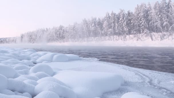 氷の浮動冷凍ブロックと川。海岸沿いの霜に覆われた雪のドリフトと木. — ストック動画