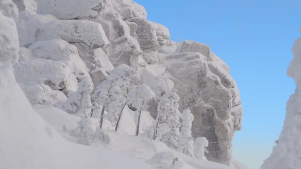 Tormenta de nieve en un desfiladero de montaña con rocas heladas cubiertas — Vídeos de Stock