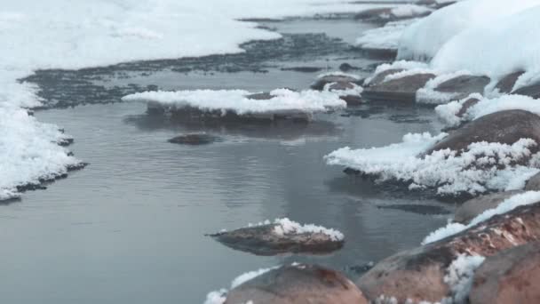 Snösten på vintern dimmig flod med is — Stockvideo