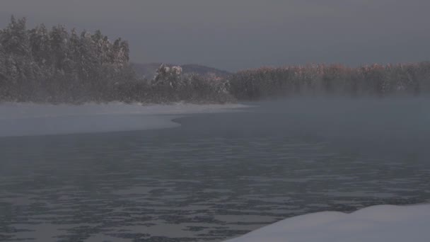 Winter river with haze over cold water — Stock Video