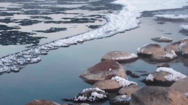 Snow boulders in frozen winter river