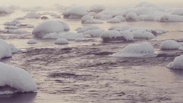 Ångande avdunstande vinterflod med snösten — Stockvideo