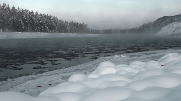 Nevoeiro sobre o rio da floresta de neve — Vídeo de Stock