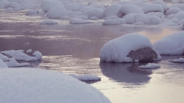 Ruisseau de montagne brumeux coule à travers un paysage hivernal — Video