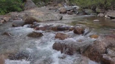 Su, kaldırım taşları ve taşlardan akıyor. Akış köpükleri ve kabarcıklar