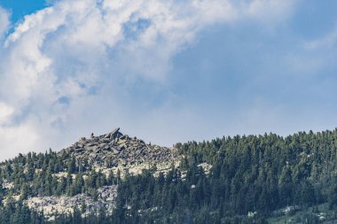 Dağ vadisi ve ufukta ağaçlar var. Yazın vahşi kayalıklarda seyahat et. Güneşli bir günde mavi gökyüzüne karşı dağ manzarası