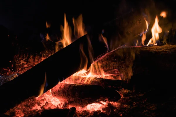 木头在火中燃烧 夜间的野船和旅游用火给人以温暖和光明 — 图库照片