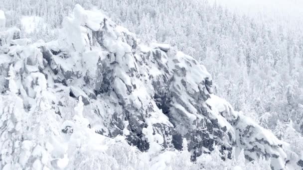 A neve cai na encosta no dia frio. Paisagem de inverno com rocha congelada — Vídeo de Stock