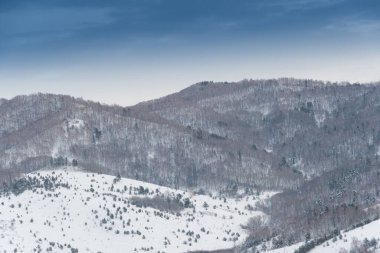 Orman tepelerinin yumuşak yamaçları ilk karla kaplıdır. Ufuktaki dağ vadileri ve tepe manzarası.