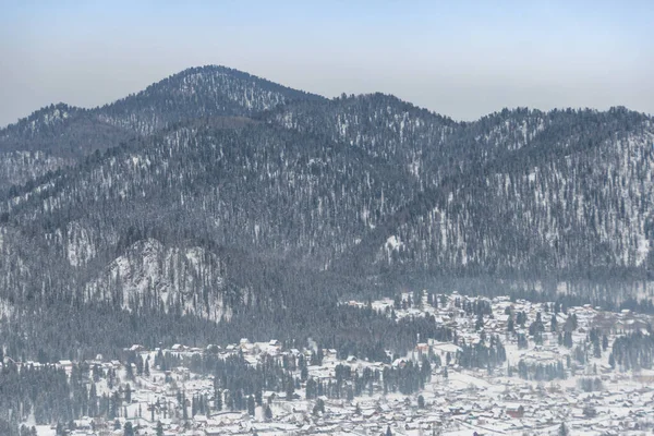 Sanfte Hügel Sind Mit Schneebedecktem Wald Bedeckt Blick Ins Gebirgstal Stockfoto