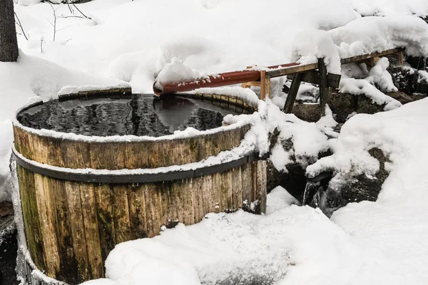Wooden Barrel Bank Stream Filled Ice Water River Pipe Font Stock Image