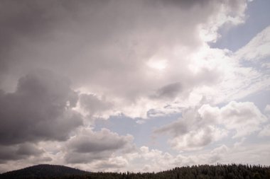 Ormanın üzerindeki bulutlar. Yağmurdan önce bulutlu gri gökyüzü