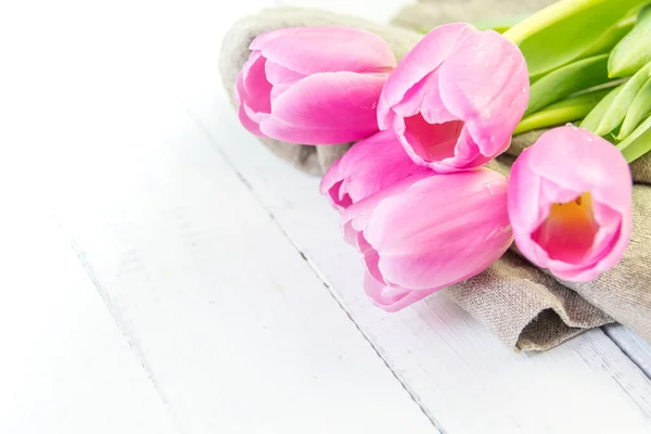 Pink Tulips Green Leaves White Board Table Birthday Gift Special — Stock Photo, Image