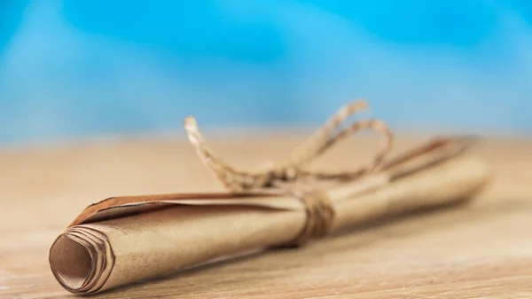 Old Parchment Scroll Wooden Table Edges Burned Rubbed Time Invitation — Stock Photo, Image