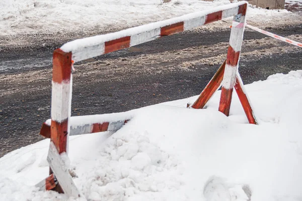 Wooden Fence Hazard Designation Red White Barrier Prevent Passage Ice — Foto de Stock