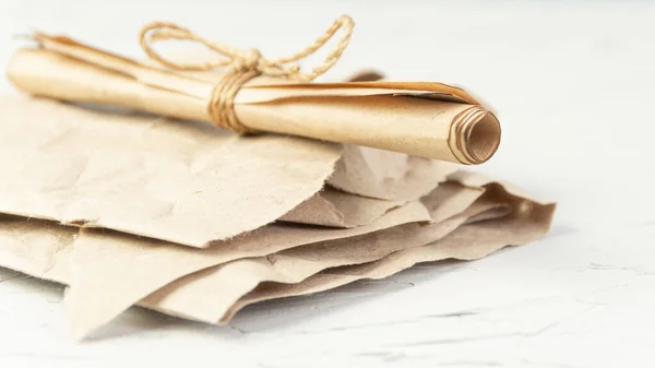 Roll Parchment Sheets Craft Paper Tied Jute Rope Old Document — Stock Photo, Image